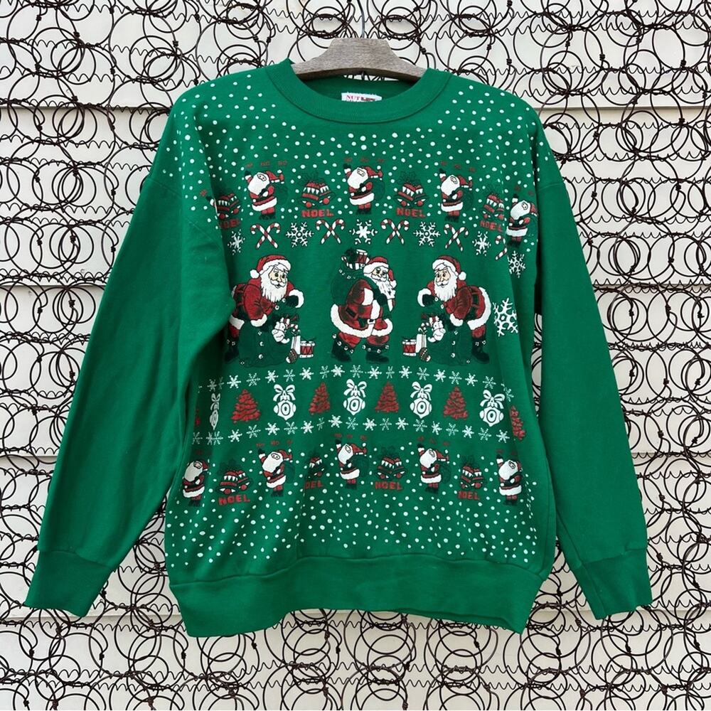 Vintage 80s Nutcracker Ugly Christmas Sweatshirt Puff Print Santa Design Green M